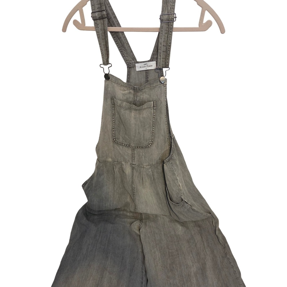 Alluv Place Womens Wide Leg Flowy Overalls Washed Grey Tencel Denim Size Medium